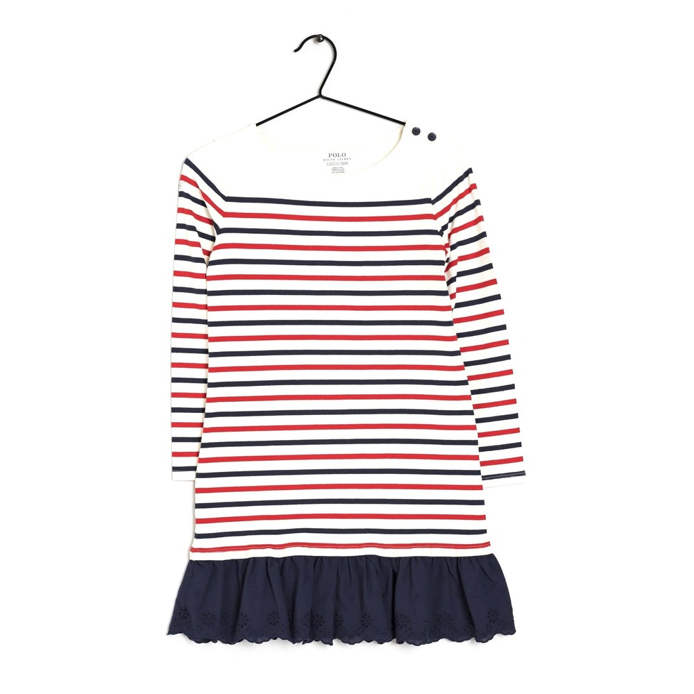 Polo Ralph Lauren Cruise Dress Girls 18M Cream Striped Eyelet Ruffle Nautical